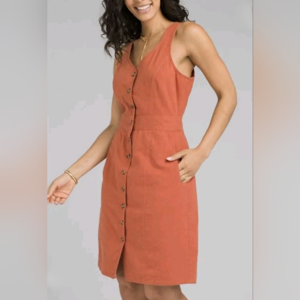 PrAna Womens Orange Hemp Grace Trail Sleeveless Button Front Apron Dress XS